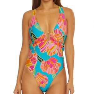 NWT Trina Turk Pink and Blue One Piece Swimsuit with Tropical Floral Design